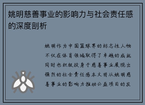 姚明慈善事业的影响力与社会责任感的深度剖析