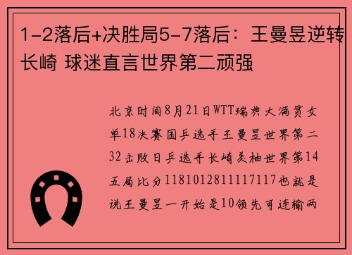 1-2落后+决胜局5-7落后：王曼昱逆转长崎 球迷直言世界第二顽强
